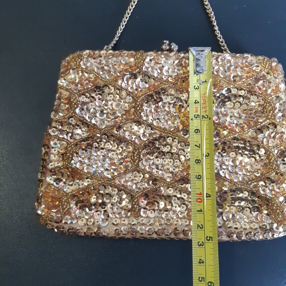 Vintage Gold Sequined Evening Kiss Lock Handbag /Clutch w/ Chain -6.5 x 5 inches - Picture 11 of 11